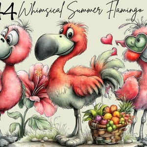 May include: Watercolor illustration of three whimsical flamingos. The flamingos are pink and red with large beaks and expressive eyes. One wears heart-shaped glasses. A basket of fruit and flowers is in the foreground. The text "44 Whimsical Summer Flamingo" is at the top.