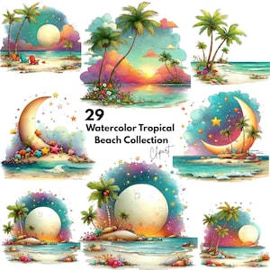Puede incluir: Ilustraciones en acuarela de escenas de playa tropicales con palmeras, lunas y estrellas. La colección incluye varias composiciones con cielos coloridos, vistas al océano y playas de arena. El texto dice "29 Watercolor Tropical Beach Collection Clipart."