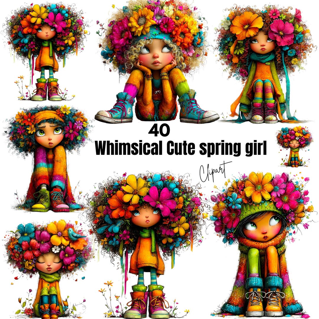 40 Whimsical Girl Clipart PNG Bundle | Spring Digital Art, Cute Girl ...