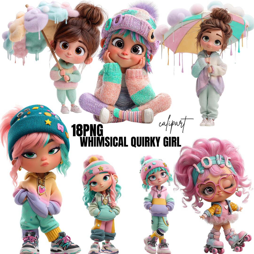 Whimsical Quirky Girl PNG Bundle, Cute Pastel Cartoon Girl Clipart ...