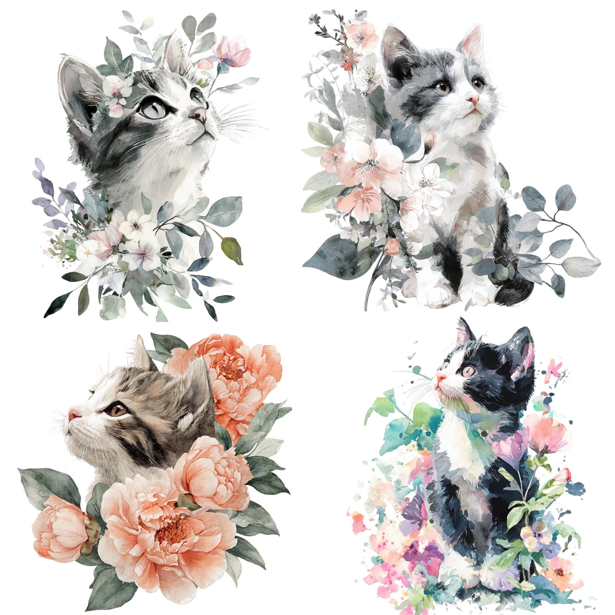 Spring Kitten Clipart PNG Bundle – Pink Floral Baby Cat Watercolor ...