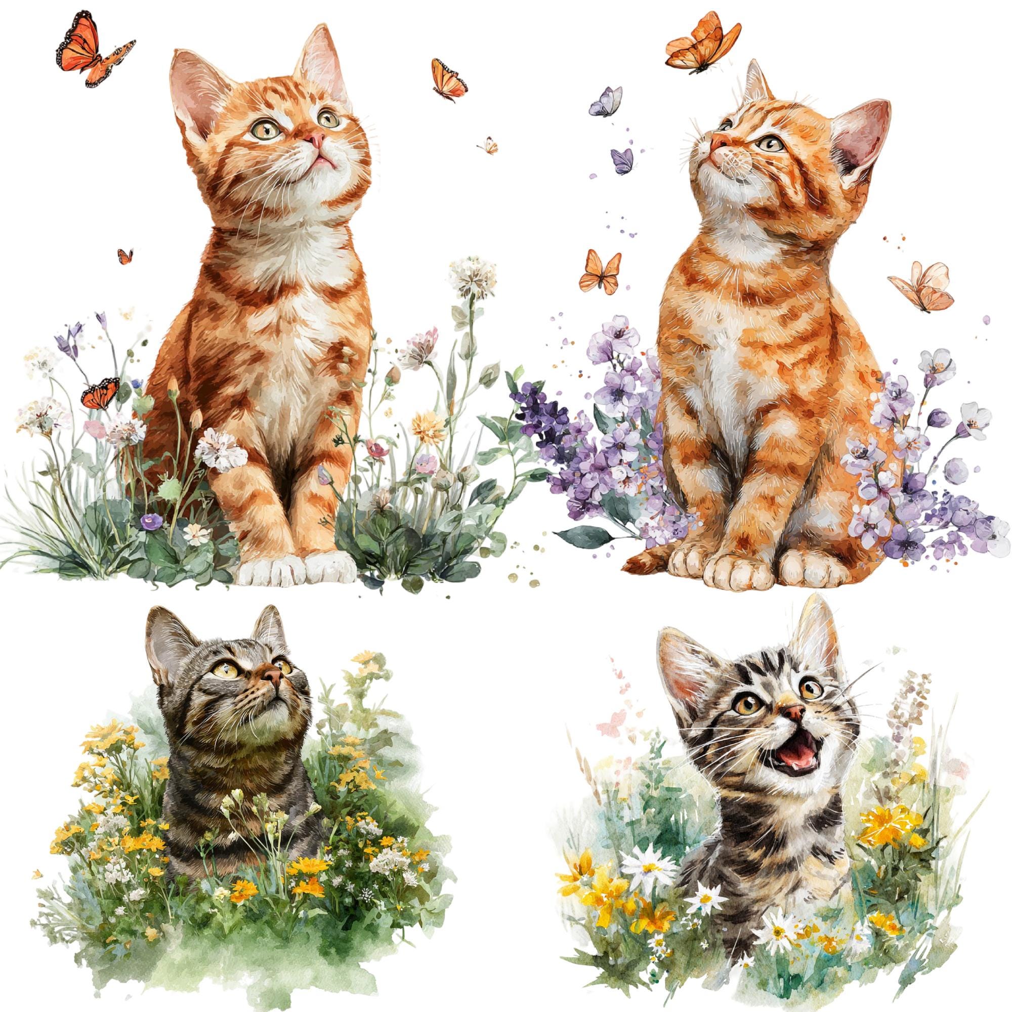 Spring Kitten Clipart PNG Bundle – Pink Floral Baby Cat Watercolor ...