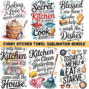 Kökshandduk PNG-paket | Roliga kökscitat PNG | Sublimeringsdesign för bakning och matlagning | Grytlapp och köksdekor PNG