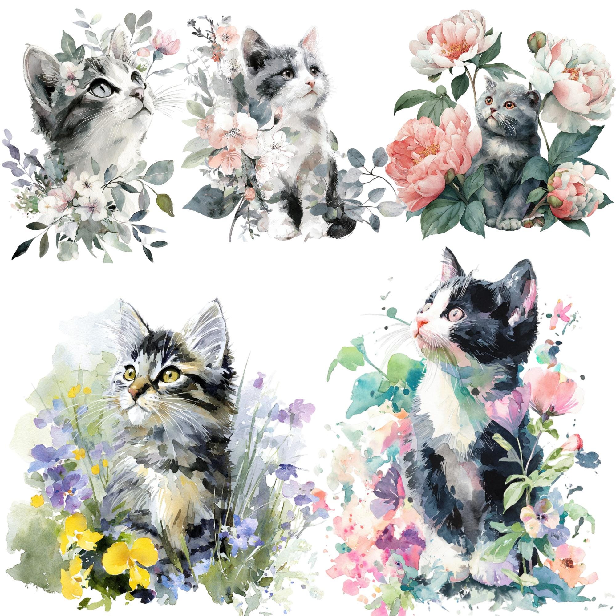 Spring Kitten Clipart PNG Bundle – Pink Floral Baby Cat Watercolor ...