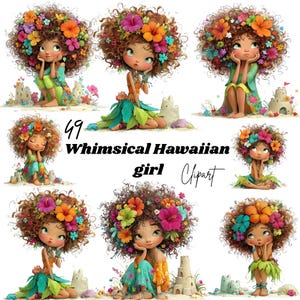 49 JPG Clipart Niña Hawaiana – Ilustraciones Infantiles Tropicales de Verano, Arte para Fiesta Luau (Descarga Digital, Uso Comercial)