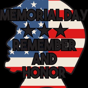 Puede incluir: Gráfico del Día de los Caídos con una silueta rellena con el diseño de la bandera estadounidense. El texto dice "MEMORIAL DAY REMEMBER AND HONOR" en letras negras en negrita, con tres estrellas negras.