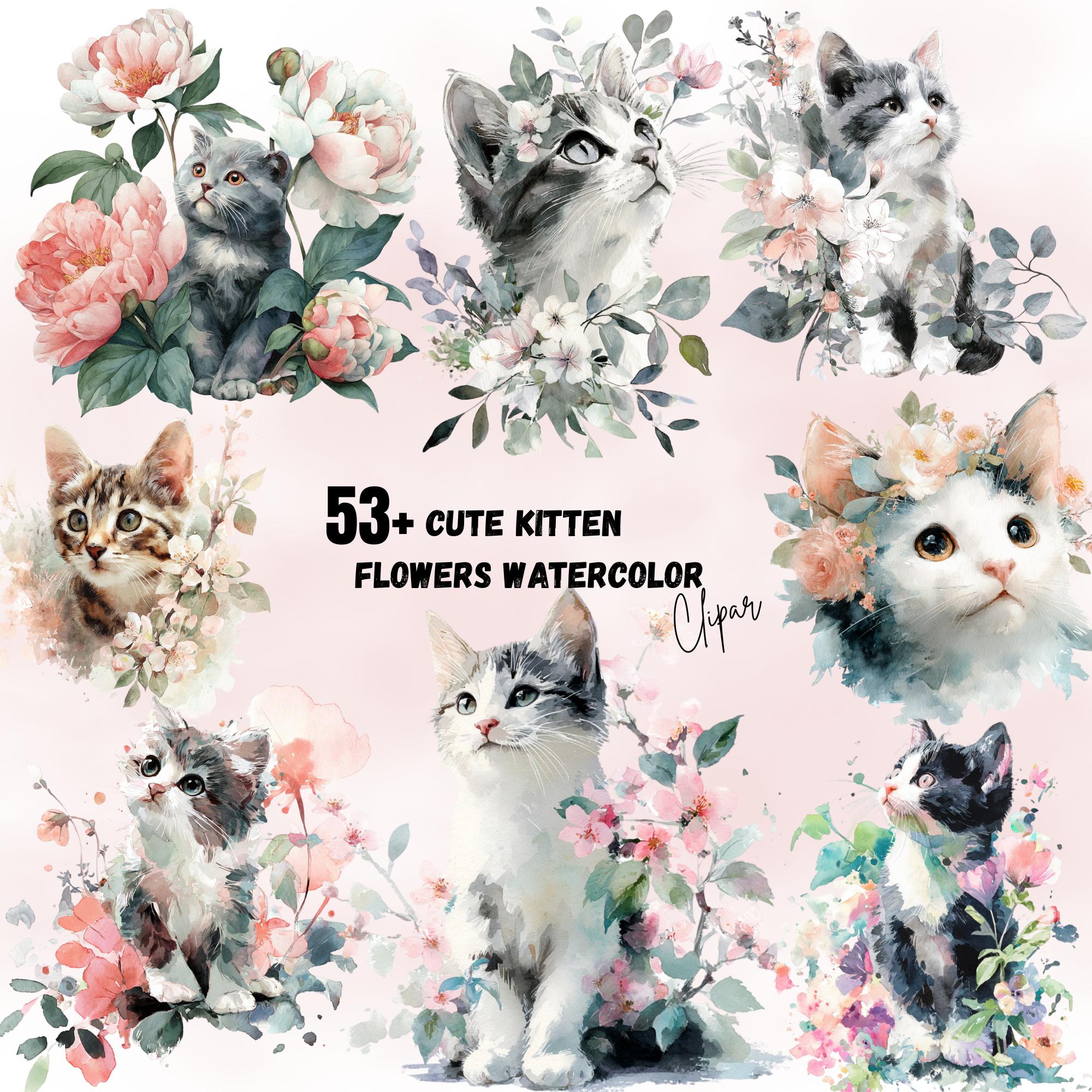 Spring Kitten Clipart PNG Bundle – Pink Floral Baby Cat Watercolor ...