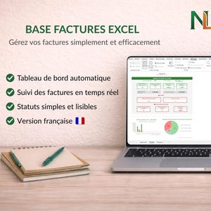Könnte beinhalten: Ein Laptop zeigt eine Excel-Rechnungsvorlage mit grünen und roten Akzenten. Der Bildschirm zeigt ein Dashboard, Echtzeit-Rechnungsverfolgung und einfache Statusmeldungen. Ein Notizblock und ein Stift liegen auf dem Schreibtisch. Der Text lautet "BASE FACTURES EXCEL".