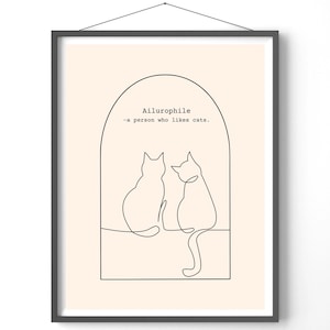 Cat Lover Line Art Print, Ailurophile Definition Poster, Cat Mom, Crazy Cat Lady Art, Home Decor, Line Art Poster, Beige Minimalist Line Art