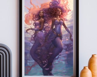 Black Mermaid Duo Comic Style | Mami Wata | Black Fantasy Art | Digital Art | INSTANT DOWNLOAD