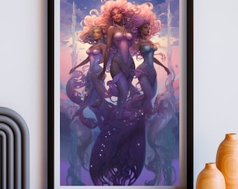 Black Mermaid Trio Comic Style | Mami Wata | Black Fantasy Art | Digital Art | INSTANT DOWNLOAD