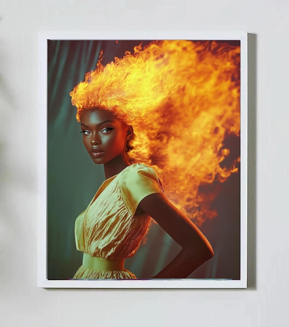 Surreal Black Girl Fire Hair Art Print, Gothic Academia Wall Decor