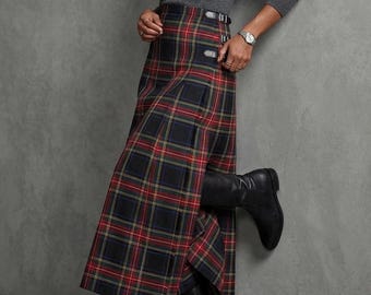 Langer Kiltrock für Damen | Gothic High Waist Wrap Maxi Kilt mit Lederriemen