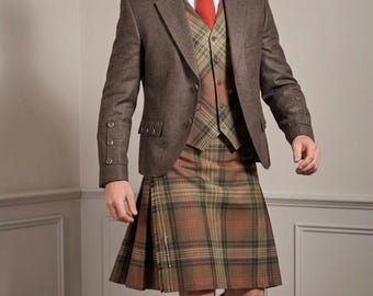Herrbrun tweed-tartanskilt, skotsk höglandsutilitykilt, jordnära rutig bröllops- och formell outfit