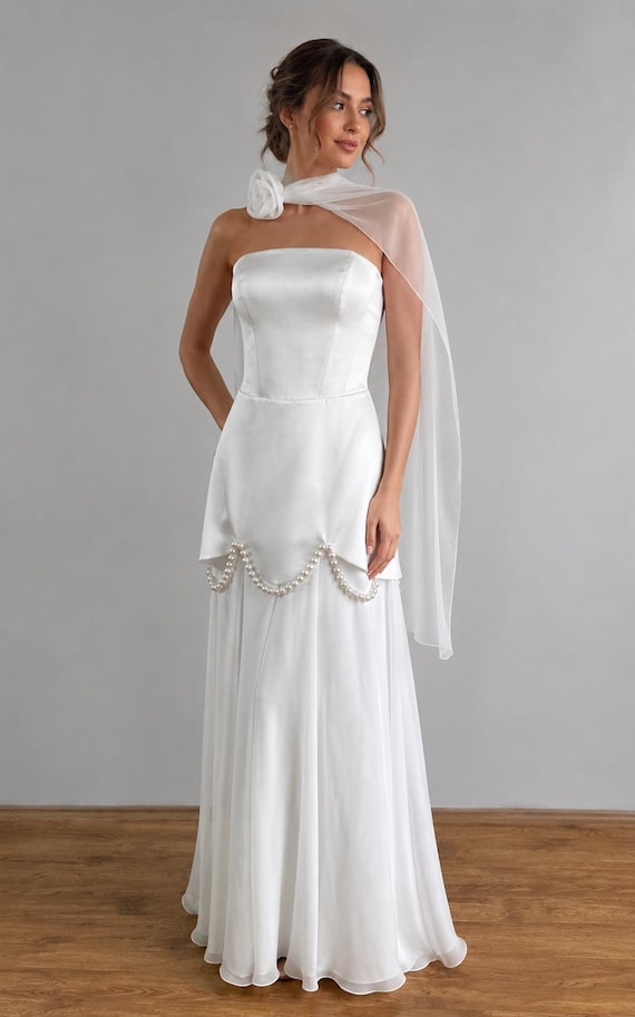 Pearl Satin Corset and Skirt Set, Strapless Ball Dress, Chiffon Skirt, Custom Made Cocktail İnvitation Dress, Bridal Engagement Dress