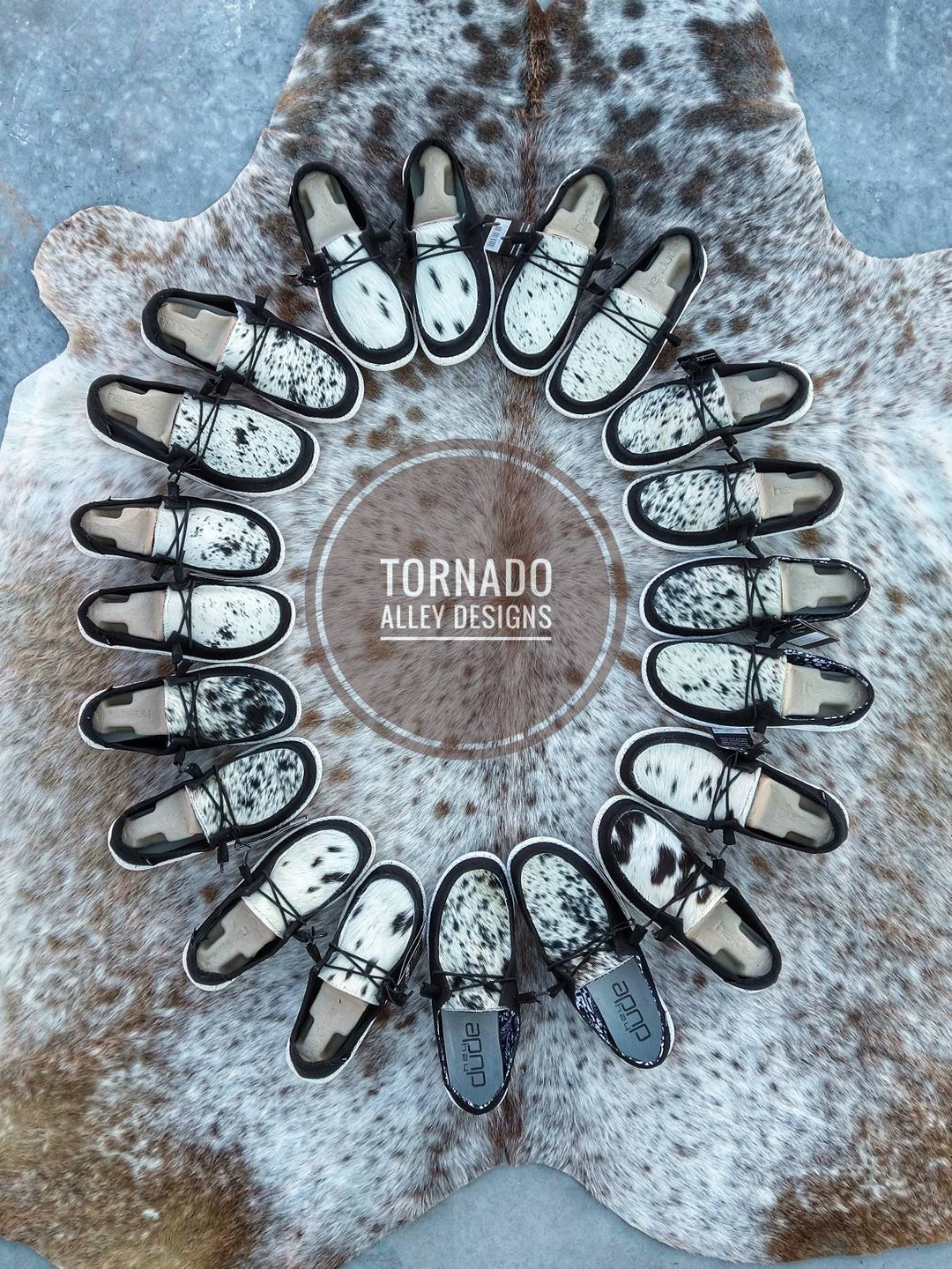 Women's Hey Dudes, Cowhide Hey Dudes, Western Shoes, Black and White