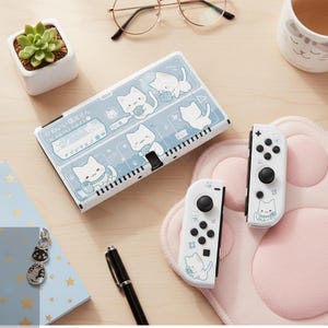 Kawaii Cat & Bear Nintendo Switch OLED  | Pastel Hard Protective Shell Cover | Soft Pink Blue