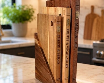 Book Cutting Board Set with Brass Food Labels, Acacia Wood Serving Boards, Wooden Chopping Board with Stand