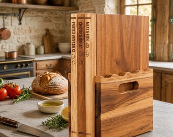 Wooden Cutting Board, Book Shaped Cutting Board Set with Stand, Serving Board, Kitchen Decor, Housewarming Gift
