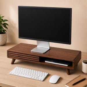 May include: A dark wood monitor stand featuring a slatted drawer on the left side and an open storage shelf on the right. The stand is supported by four short, angled wooden legs and holds a black computer monitor with a silver base.