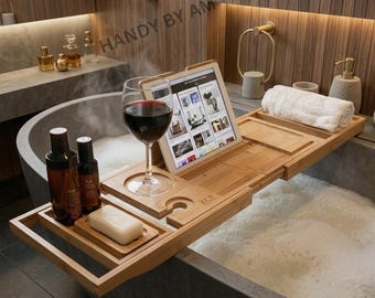 Luxury Bamboo Bathtub Caddy Tray | Expandable Bath Tray for Tub | Book & Wine Holder | Spa Bathroom Organizer | Adjustable Bamboo Bath Shelf