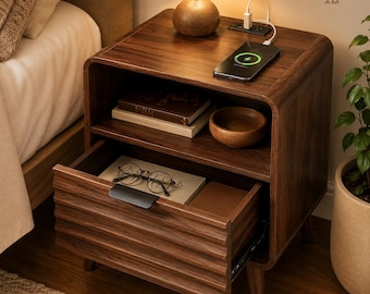 Mid Century Modern Nightstand with Charging Station, Walnut Finish Bedside Table with Drawer & Shelf