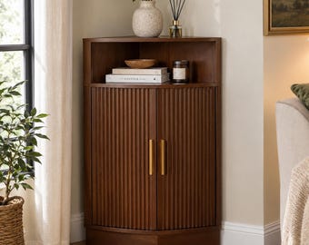 Fluted Corner Storage Cabinet, Modern Accent Furniture with Open Shelf and Brass Handles