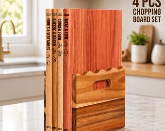 Book Shaped Cutting Board Set of 4 with Wooden Stand, Acacia Wood Chopping Boards, Kitchen Counter Decor, Housewarming Gift