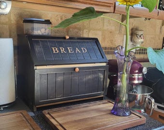 Rustic Farmhouse Bread Box For Kitchen Counter, Wooden Roll Top Bread Storage Bin, Large Bread Keeper, Vintage Countertop Bread Holder