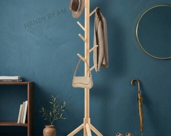 Modern Wooden Coat Rack Stand | Freestanding Entryway Hall Tree | Minimalist Scandinavian Hat Bag Jacket Holder | Mudroom Storage Organizer