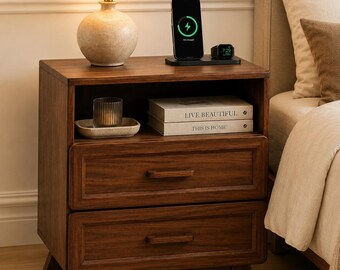Walnut Nightstand, Charging Station Bedside Table, 2 Drawer Wood Nightstand, Mid Century Table