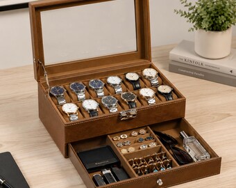 12 Slot Watch Box for Men, Leather Watch Display Case with Glass Lid, Valet Drawer Organizer, Luxury Watch Storage Box, Gift for Husband