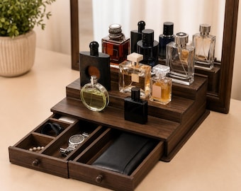 Wooden Cologne Organizer for Men, Perfume Display Stand with Drawers, Valet Tray Organizer, Dresser Top Storage, Father's Day Gift