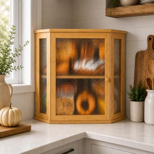 May include: A light brown bamboo bread box with a corner-shaped design, featuring two levels of storage and three panels of vertical ribbed glass doors. The cabinet has a small round wooden knob for opening the front door and a natural wood finish.