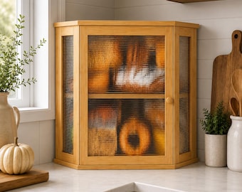 Corner Bread Box for Kitchen Counter, Wooden Bread Storage Bin, Farmhouse Bamboo Bread Box, Pantry Organizer