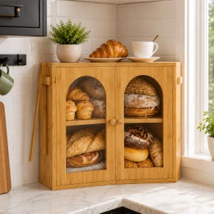 May include: A rectangular bamboo bread box with two arched glass doors and two internal shelves. The cabinet is filled with various types of bread, including loaves, rolls, and a croissant. The unit features small round wooden knobs for opening.