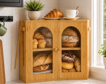 Corner Bread Box for Kitchen Counter, Bamboo Bread Box, Double Shelf Bread Storage Cabinet, Bread Keeper