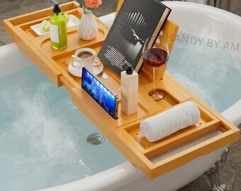 Bamboo Bathtub Caddy | Expandable Bath Tray | Shower Caddy for Spa-Like Baths