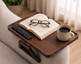 Solid Walnut Sofa Arm Tray Table, Couch Armrest Tray, Wooden Sofa Side Table, Space Saving Snack & Coffee Tray, Living Room Gift