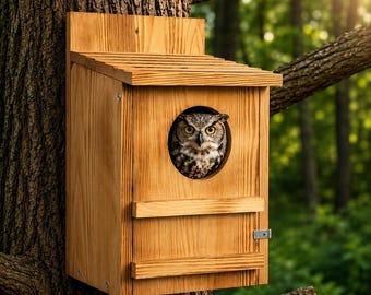 Large Owl House for Outdoors, Wooden Screech Owl Nesting Box, Handmade Rustic Birdhouse, Easy Assembly Backyard Decor
