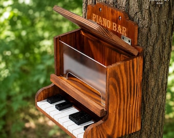 Piano Squirrel Feeder, Handmade Wooden Peanut Feeder, Funny Tree Mounted Wildlife Feeder, Rustic Garden Decor