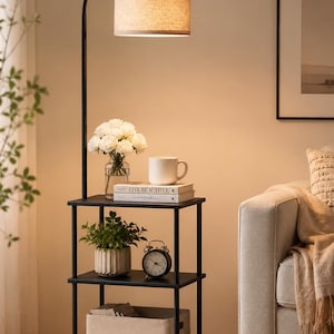 Floor Lamp with Table & Shelves, Space Saving End Table with Lamp, Rustic Wood Side Table with Storage for Living Room Bedroom