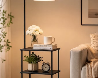 Floor Lamp with Table & Shelves, Space Saving End Table with Lamp, Rustic Wood Side Table with Storage for Living Room Bedroom