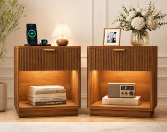 Mid Century Modern Nightstand Set of 2 with Charging Station & LED Light, Walnut Finish Bedside Tables with Drawer and Shelf