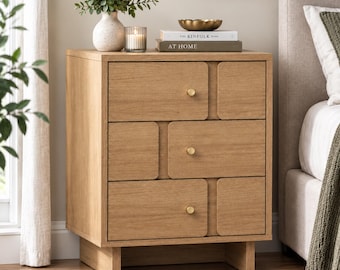 3 Drawer Nightstand, Modern Oak Bedside Table, Mid Century Wood Nightstand