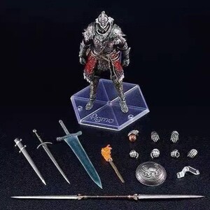 May include: A detailed action figure of a knight in silver armor with red accents, standing on a clear hexagonal base. Includes various accessories: swords, a torch, a shield, and interchangeable hands. The figure is highly detailed and appears to be from a fantasy genre.
