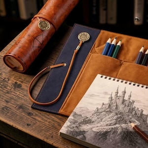 May include: A brown leather pencil case and a blue and brown sketchbook with colored pencils. The sketchbook has a drawing of a castle. The pencil case is rolled up and has a map design.