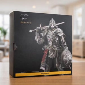 May include: A black box featuring a detailed illustration of a knight in silver armor, holding a sword and shield. The box has the text "figma ELDEN RING" and "Raging Wolf" in white and yellow.