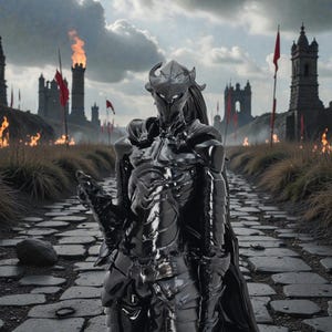 May include: A black, highly detailed knight figure stands on a cobblestone path, with a medieval castle and burning torches in the background. The knight is wearing ornate armor and a helmet with horns. Red flags are placed throughout the landscape.