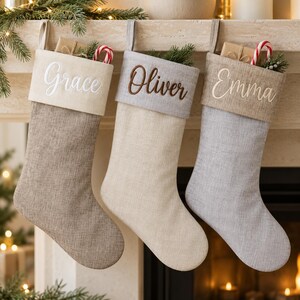 Modern Quilted Family Christmas Stockings, Personalized Embroidered  Linen Stocking, Natural Decor, Family Keepsake Gifts, Holiday Decor